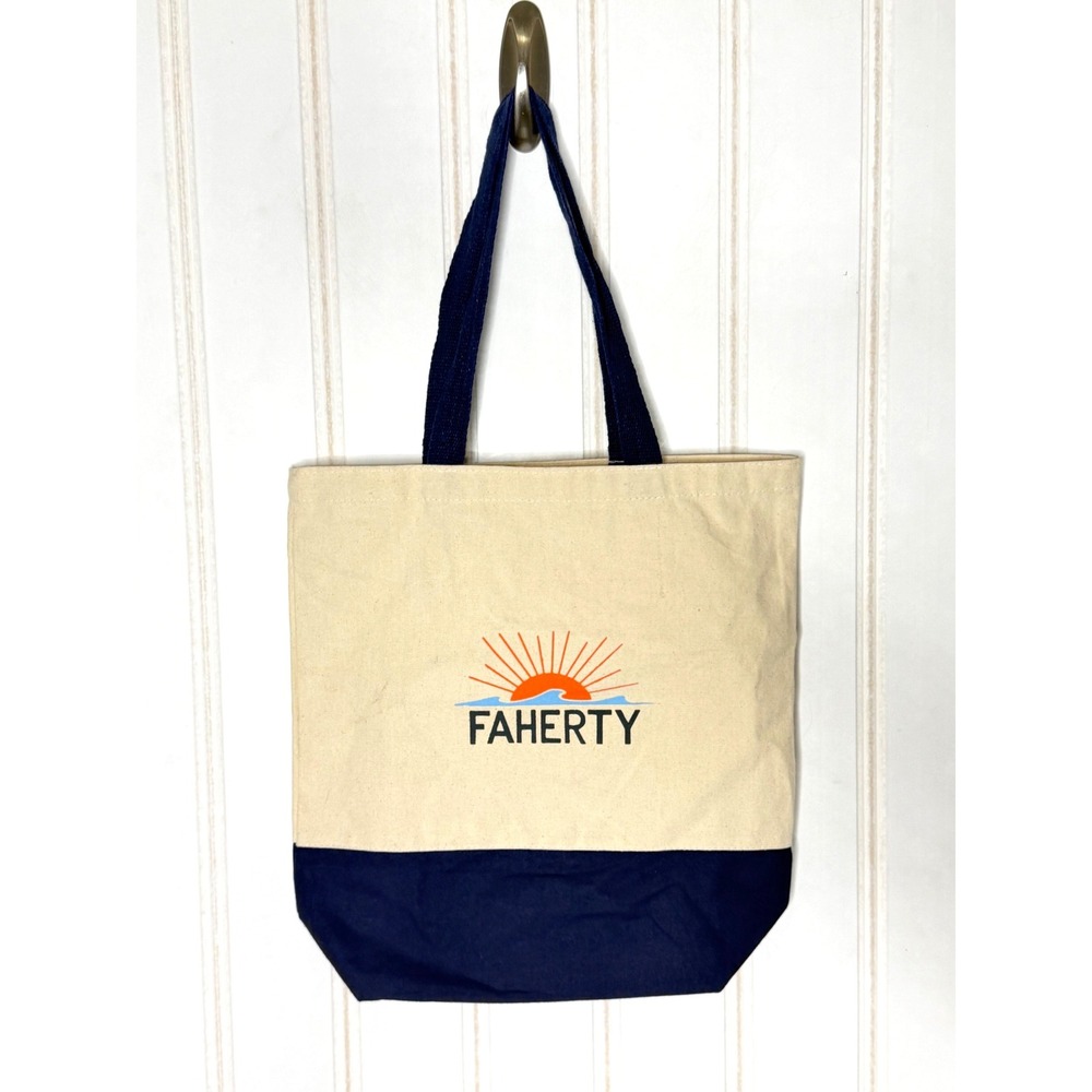 Faherty Canvas Tote Bag Cream Navy Blue Sun Wave Logo Coastal Surf Reusable Bag